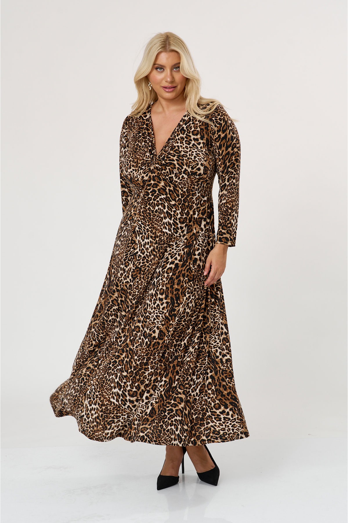 Kleid Maxi Super Jersey lange Ärmel Zierknoten Animal