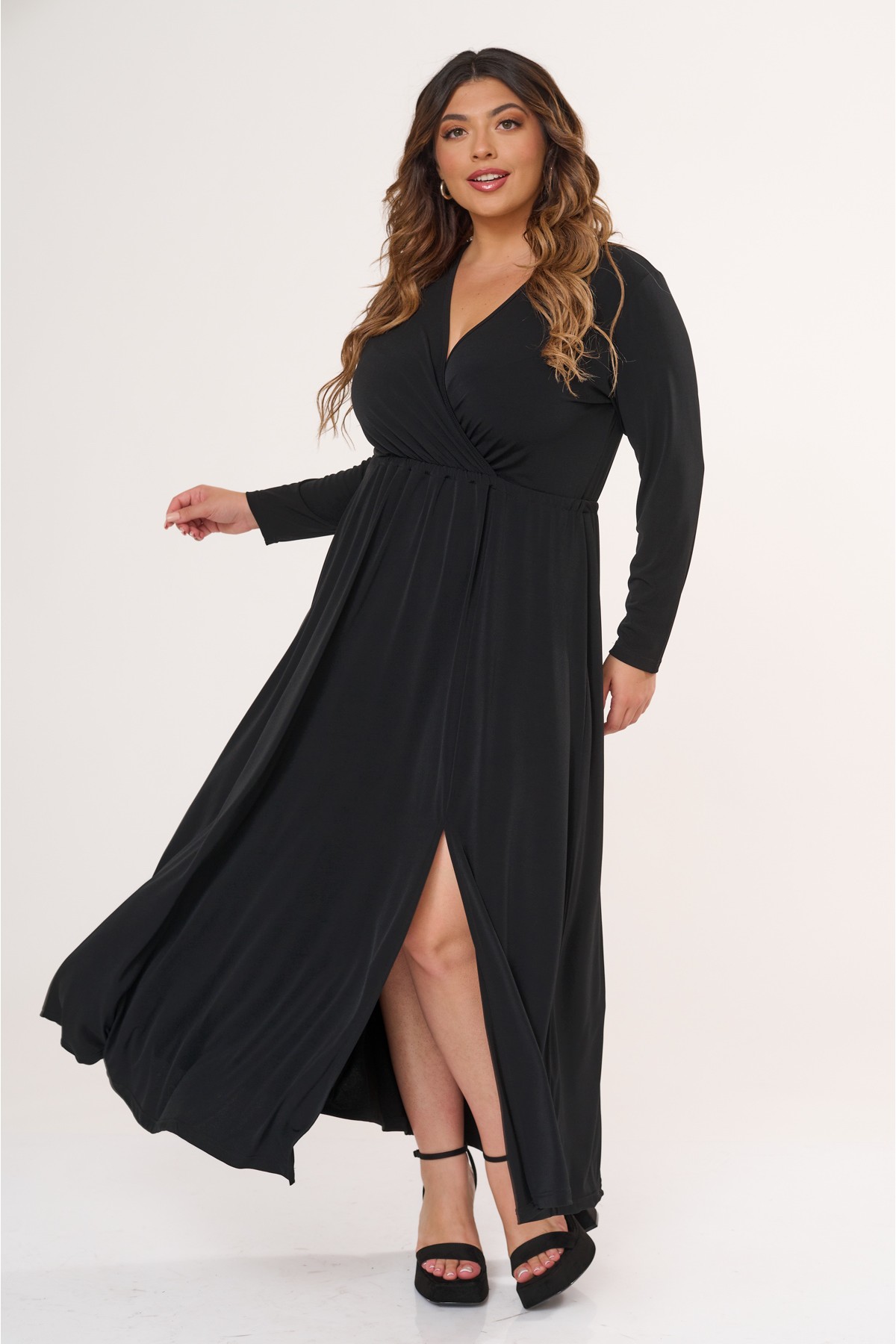 Φόρεμα μάξι μακρύ μανίκι κρουαζέ μαύρο