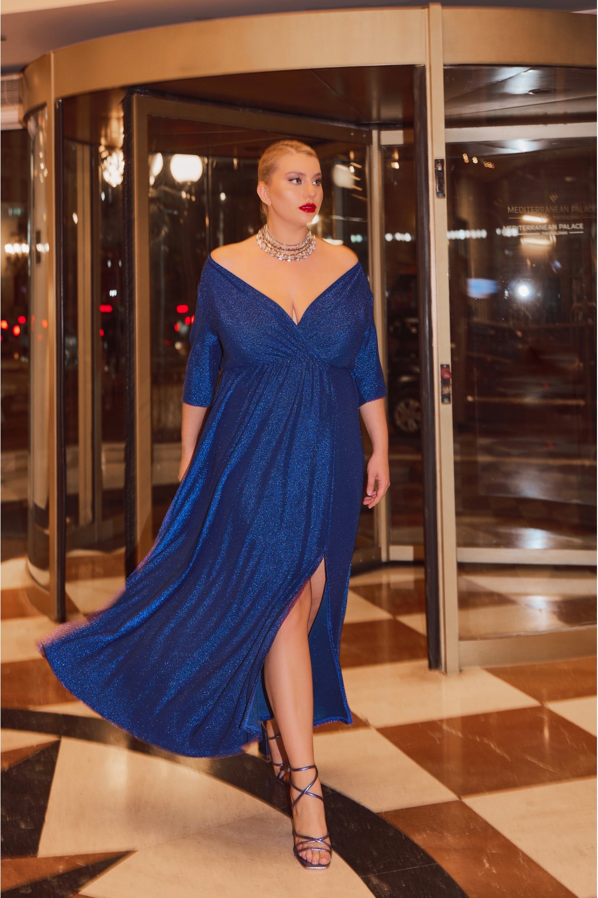 Wickelkleid Maxi Lurex Lange Ärmel Blau