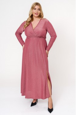 Φόρεμα lurex μάξι μακρύ μανίκι κρουαζέ peach pink