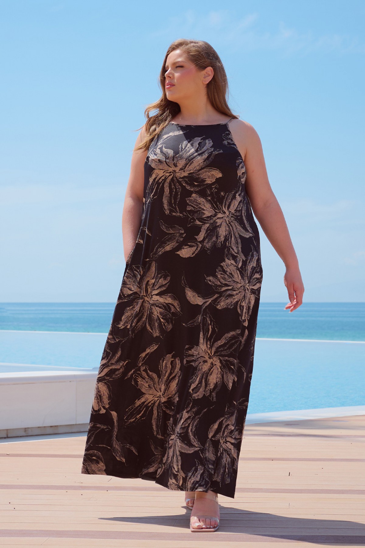 Kleid Maxi  kurze Ärmel Zierknoten Schwarzweiß