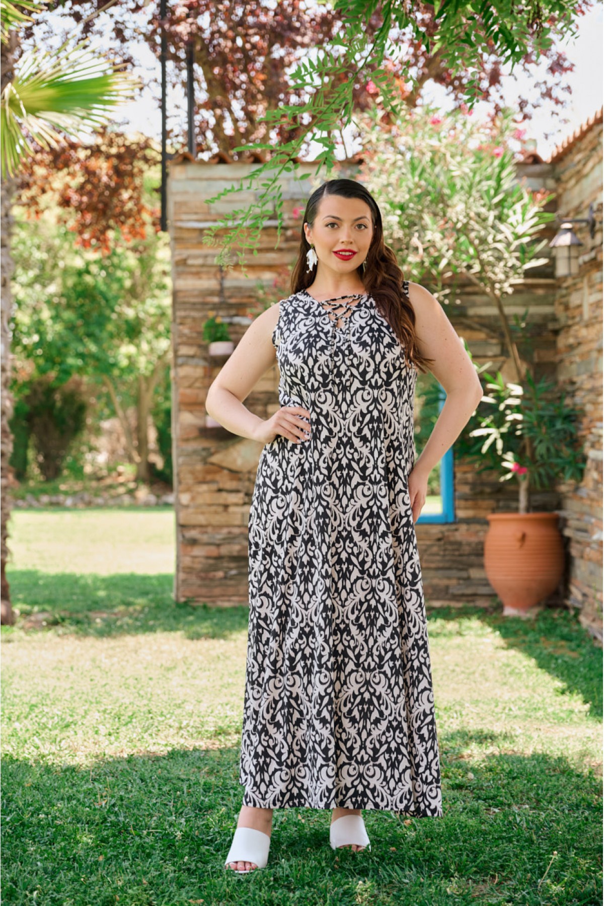 Kleid Maxi  Ärmellos bedruckt Schwarz