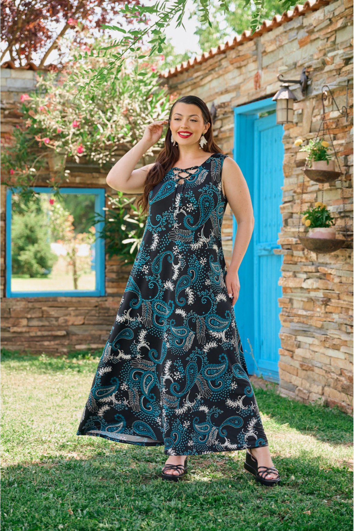 Kleid Maxi  Ärmellos bedruckt Schwarz