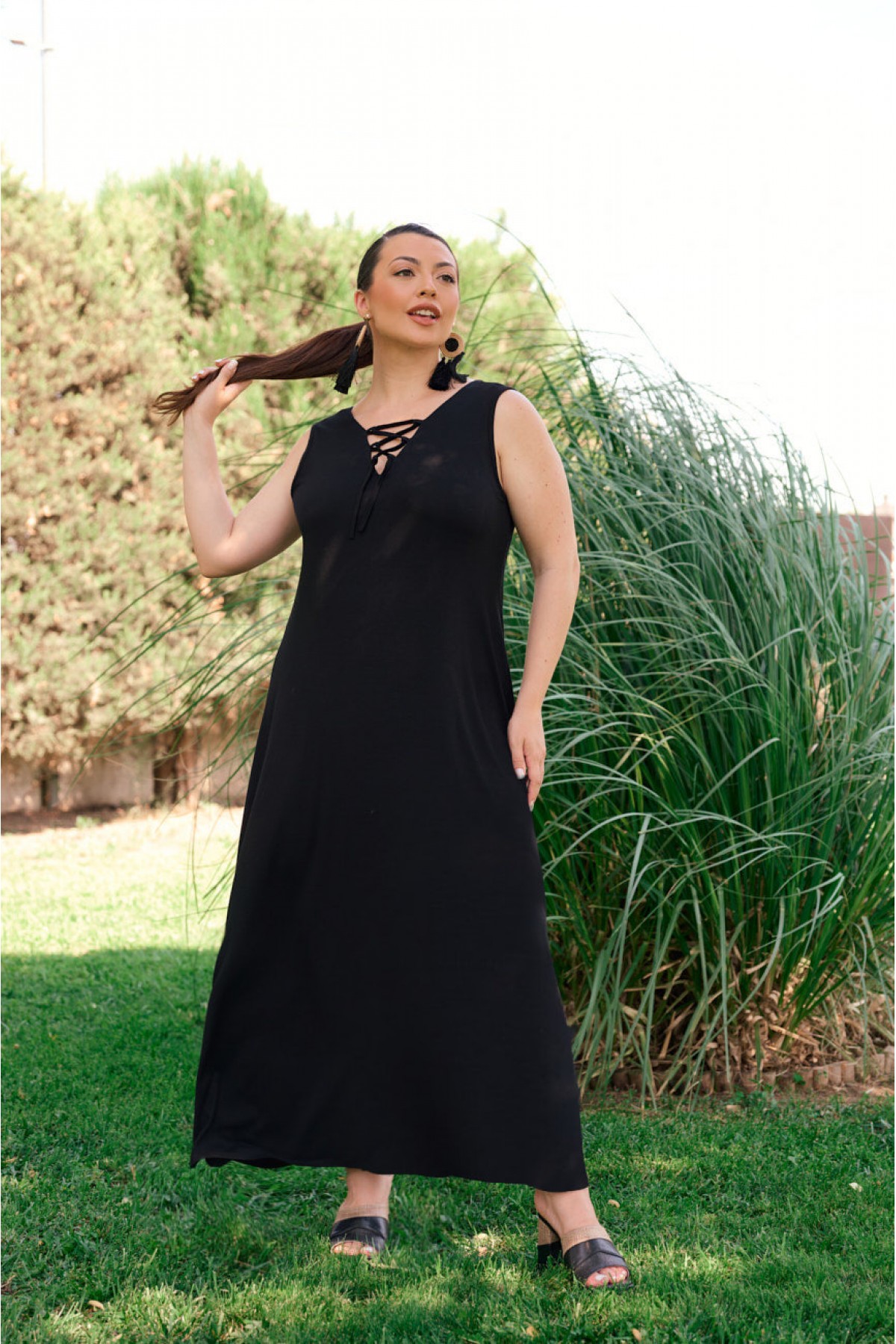 Kleid Maxi  Ärmellos bedruckt Schwarz