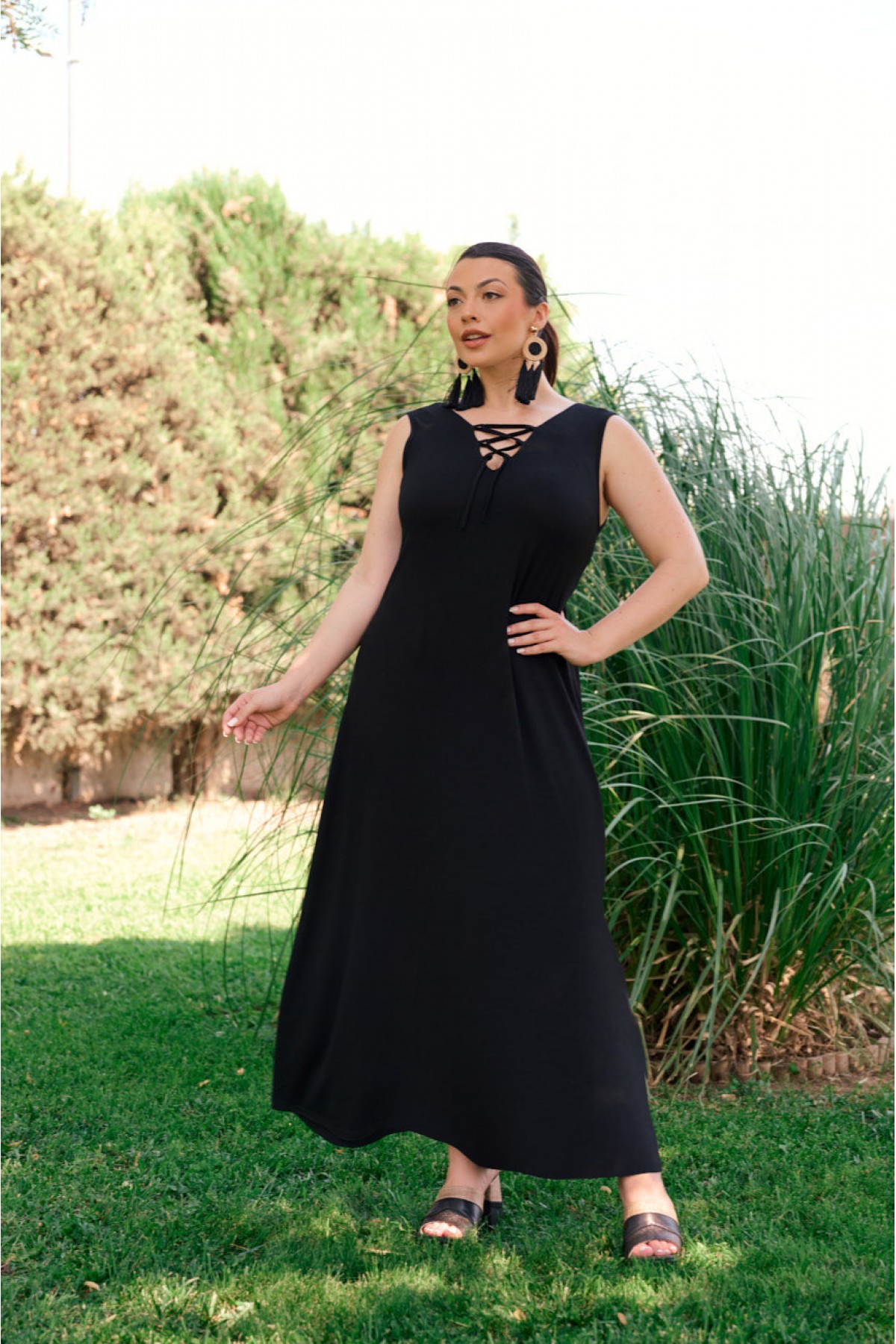 Kleid Maxi  Ärmellos bedruckt Schwarz