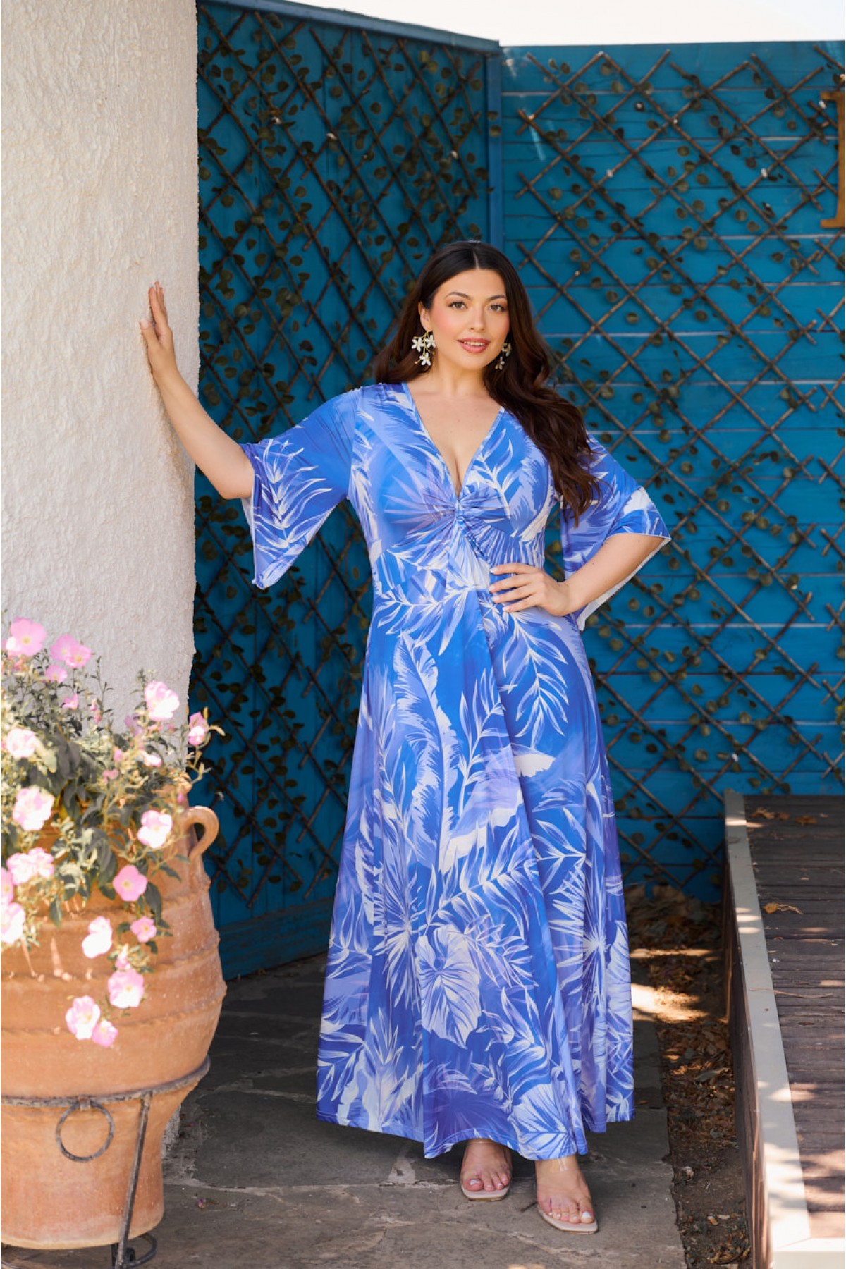 Kleid Maxi  kurze Ärmel Zierknoten Schwarzweiß