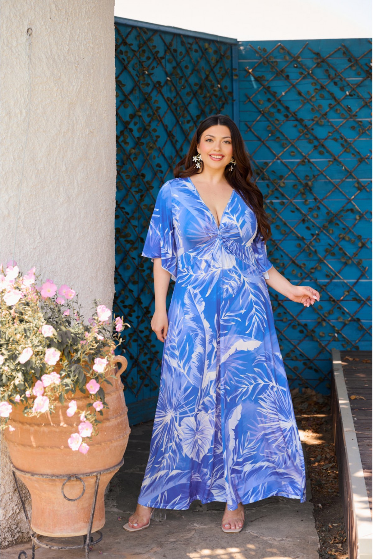 Kleid Maxi  kurze Ärmel Zierknoten Schwarzweiß