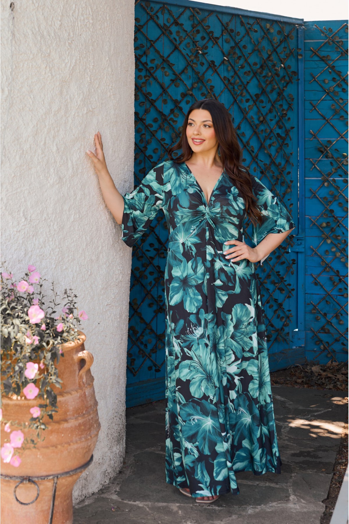 Kleid Maxi  kurze Ärmel Zierknoten Schwarzweiß