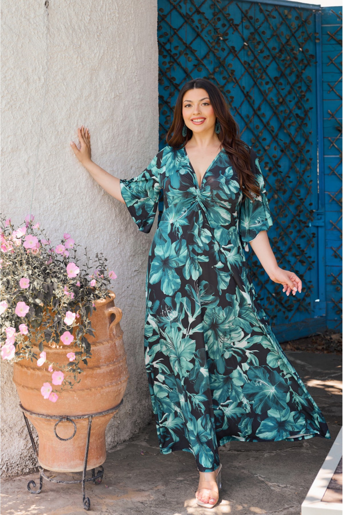 Kleid Maxi  kurze Ärmel Zierknoten Schwarzweiß