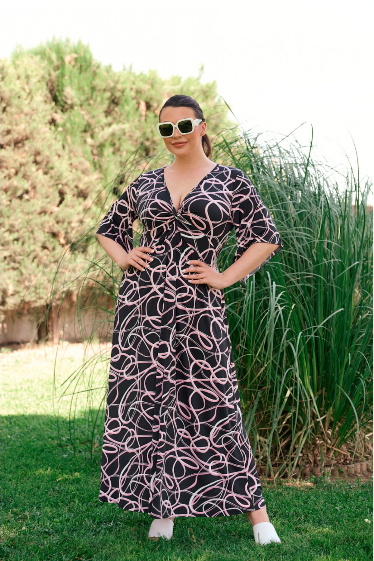 Kleid Maxi  kurze Ärmel Zierknoten Schwarzweiß