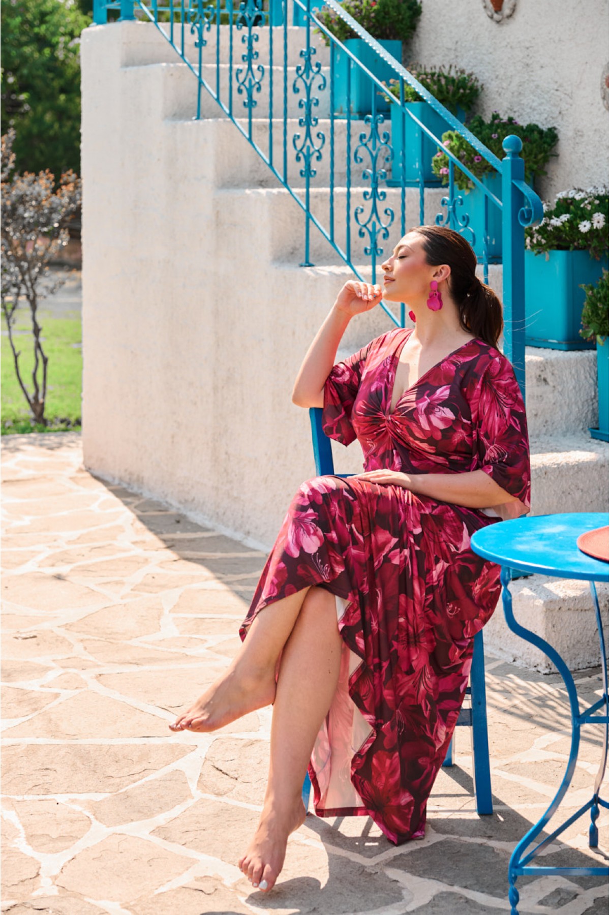 Kleid Maxi  kurze Ärmel Zierknoten Schwarzweiß