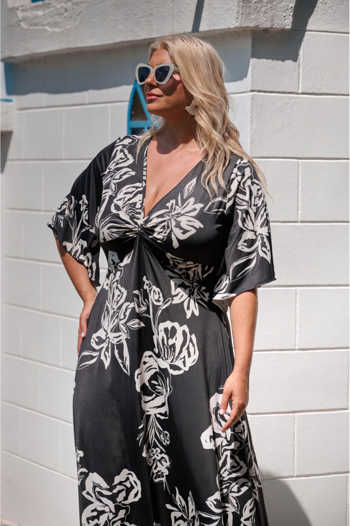 Kleid Maxi  Glockenärmel Zierknoten Floral Schwarzweiß