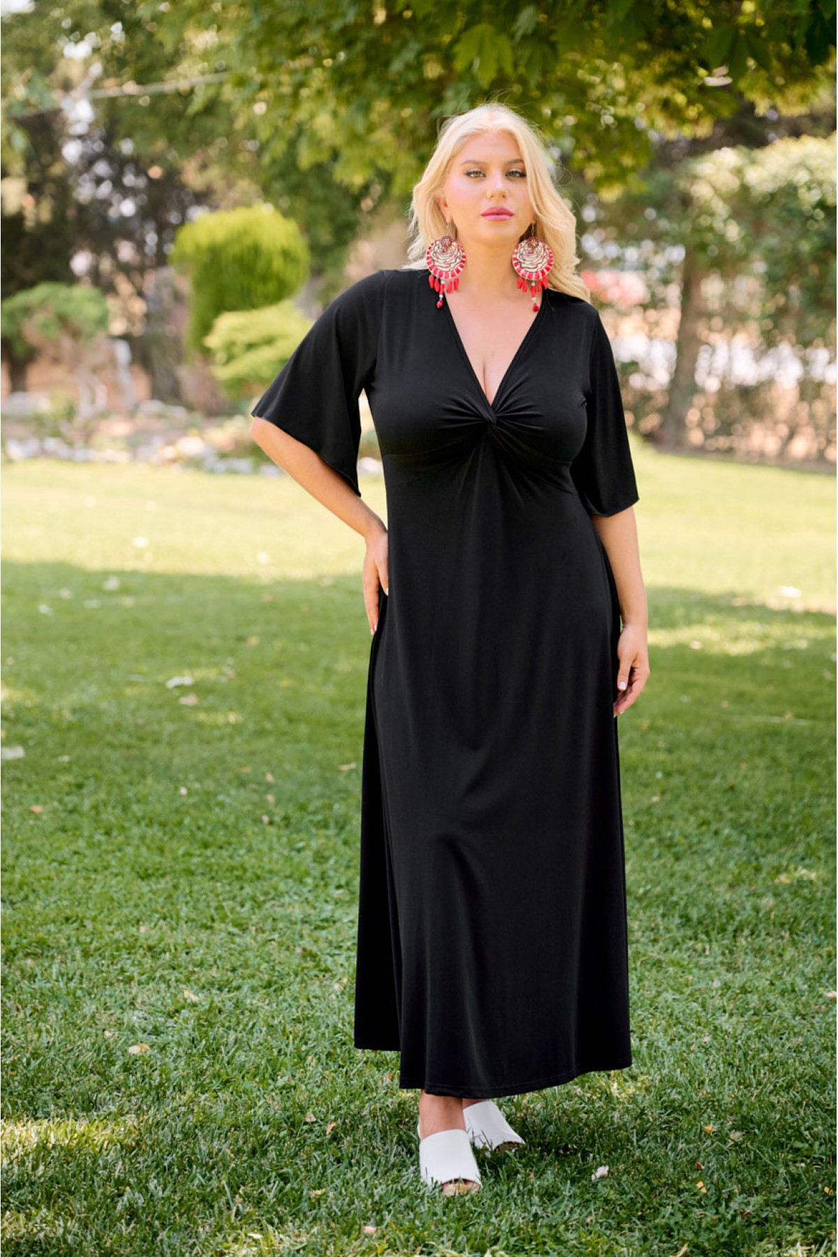 Kleid Maxi  Glockenärmel Zierknoten Schwarz