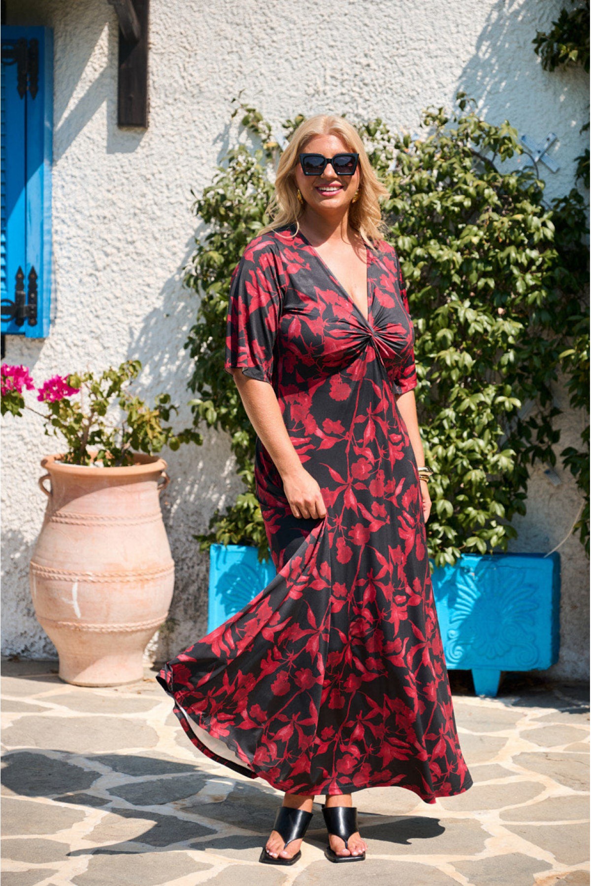 Kleid Maxi  Glockenärmel Zierknoten Floral Schwarz Rot