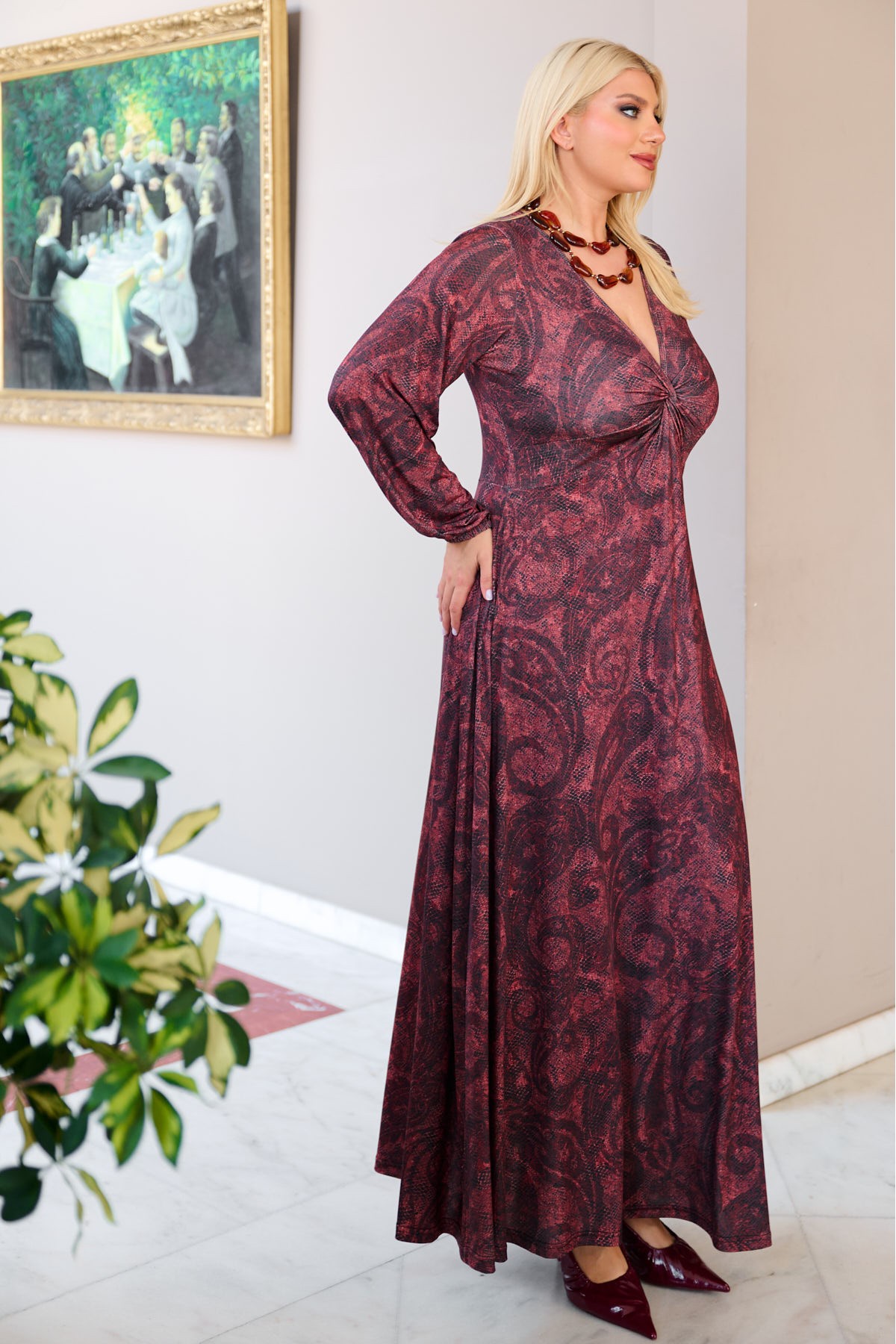 Φόρεμα μάξι κόμπος μακρύ μανίκι με λάστιχο λαχούρ άνιμαλ