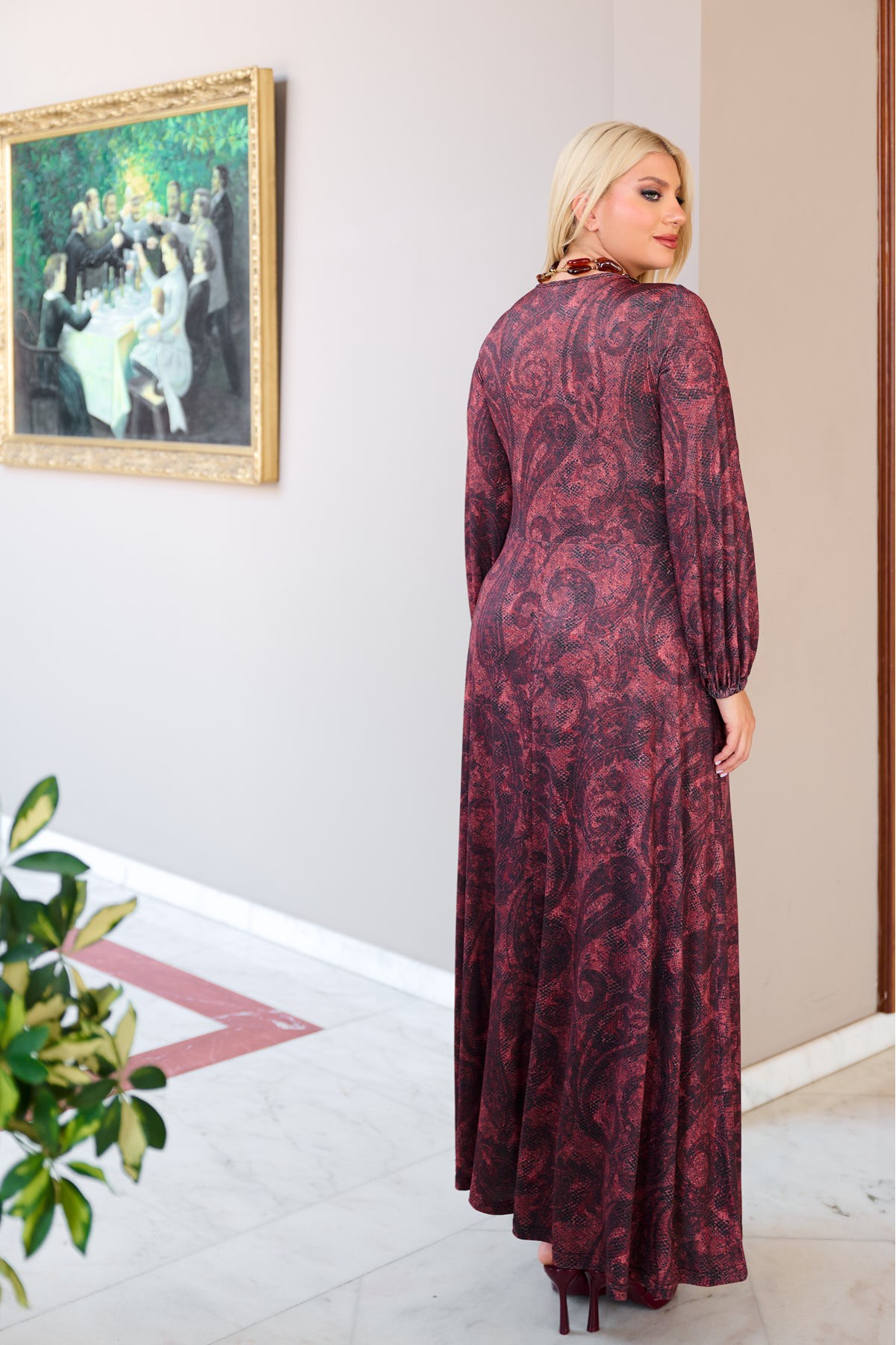 Φόρεμα μάξι κόμπος μακρύ μανίκι με λάστιχο λαχούρ άνιμαλ