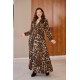 Kleid Maxi  lange Ärmel mit Gummiband  Zierknoten Paisley Leopard