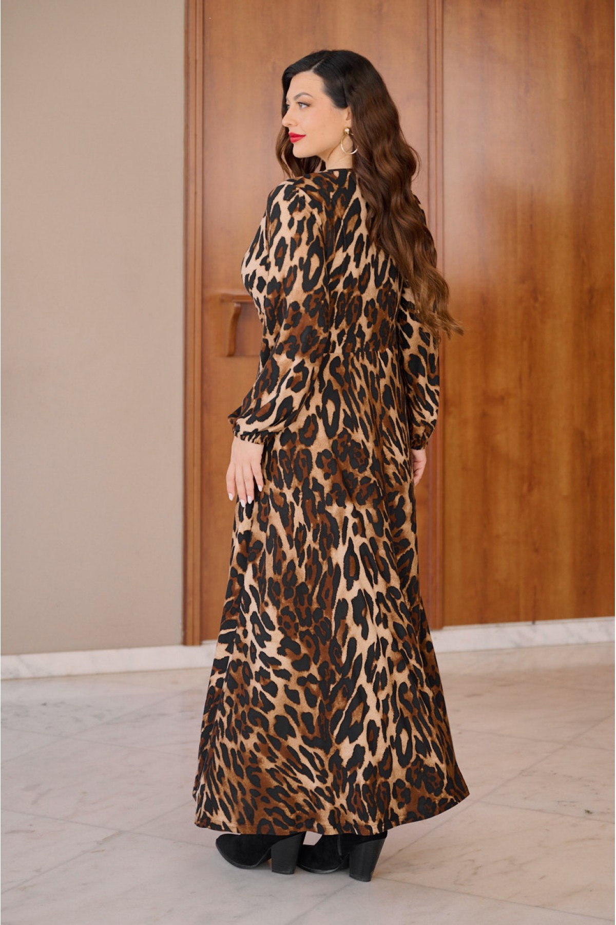 Kleid Maxi  lange Ärmel mit Gummiband  Zierknoten Paisley Leopard
