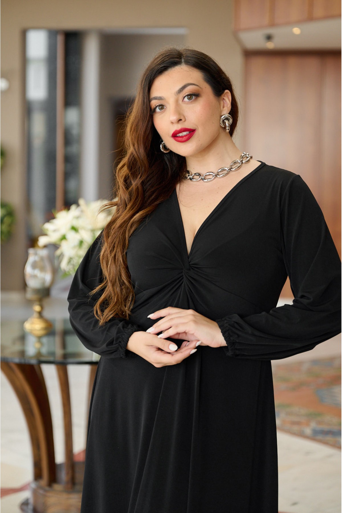 Dress maxi knot long sleeves with elastic band Black