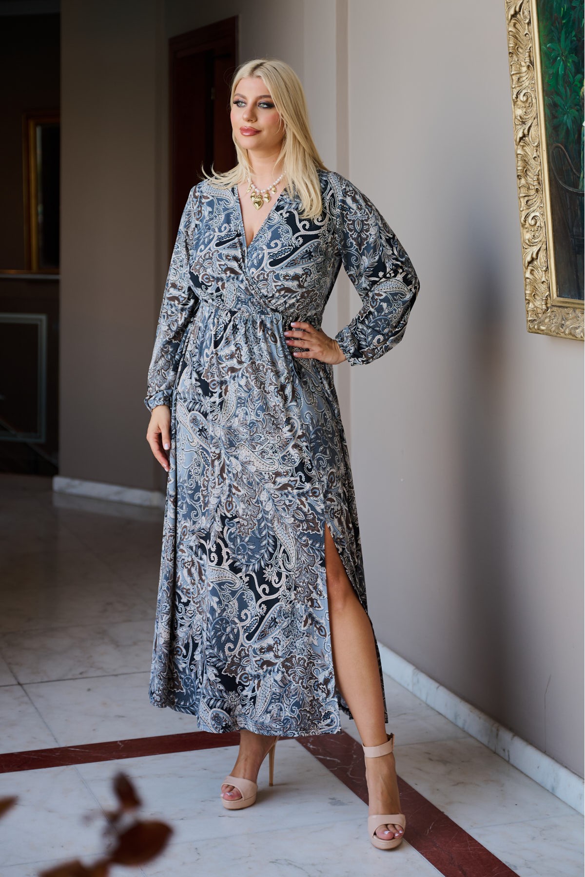 Φόρεμα κρουαζέ μάξι μανίκι με λάστιχο λαχούρ γκρί