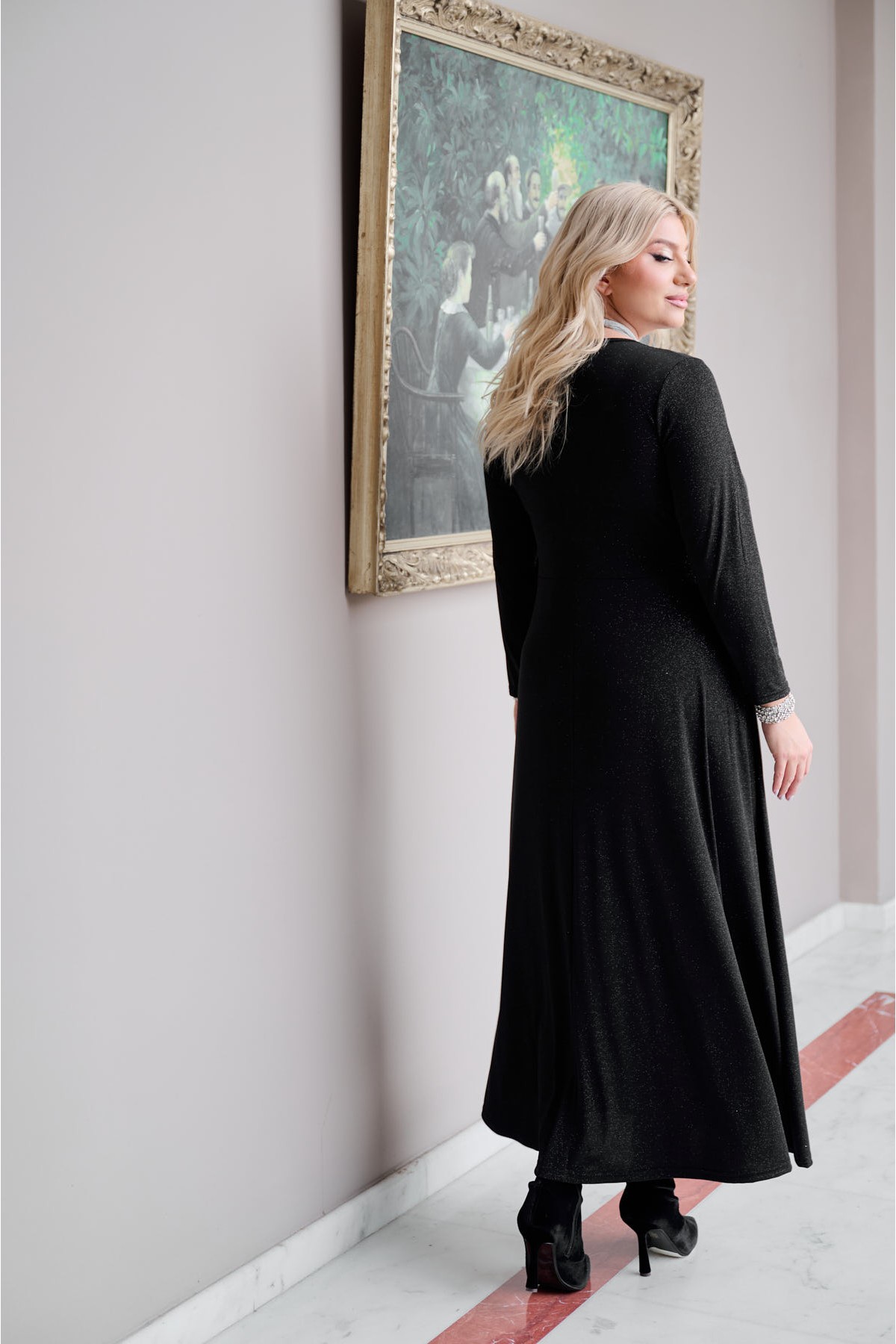  Φόρεμα gliter Super jersey μάξι μακρύ μανίκι κόμπος  μαύρο