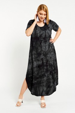 Φόρεμα viscose με κοντό μανίκι και τσέπες Tie-dye  μαύρο