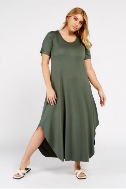 Φόρεμα viscose με κοντό μανίκι και τσέπες χακί