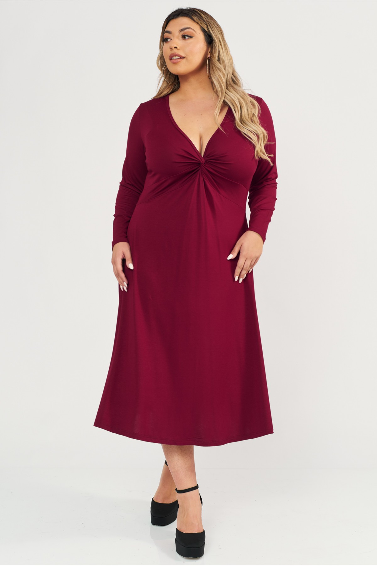 Φόρεμα midi Viscose ελαστική μακρύ μανίκι κόμπος μπορντό