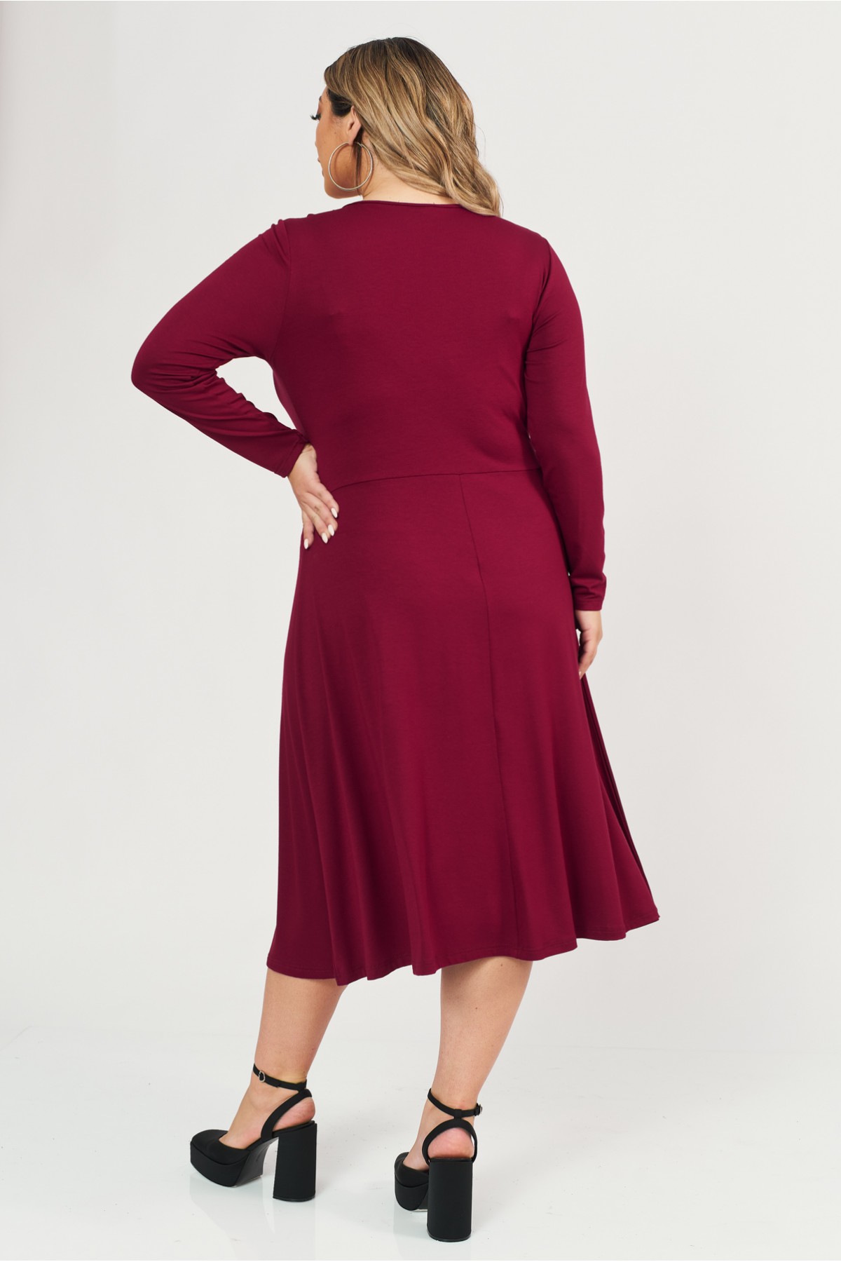Φόρεμα midi Viscose ελαστική μακρύ μανίκι κόμπος μπορντό