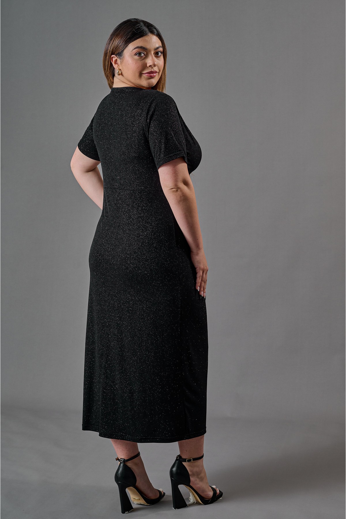 Φόρεμα gliter χιαστί κόμπος κοντό μανίκι μαύρο