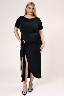  Φόρεμα midi με σχίσιμο και ρυθμιζόμενη ζώνη στη μέση σε Super jersey μαύρο