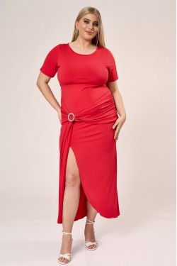 Φόρεμα midi με σχίσιμο και ρυθμιζόμενη ζώνη στη μέση σε Super jersey κόκκινο