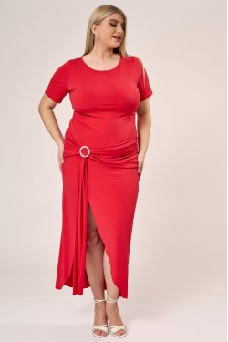  Φόρεμα midi με σχίσιμο και ρυθμιζόμενη ζώνη στη μέση σε Super jersey κόκκινο
