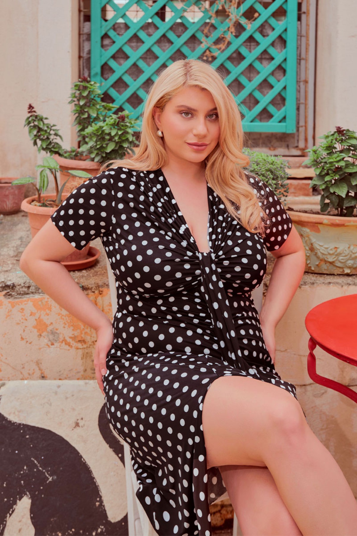 Dress midi neck tie design short sleeve Polka dot