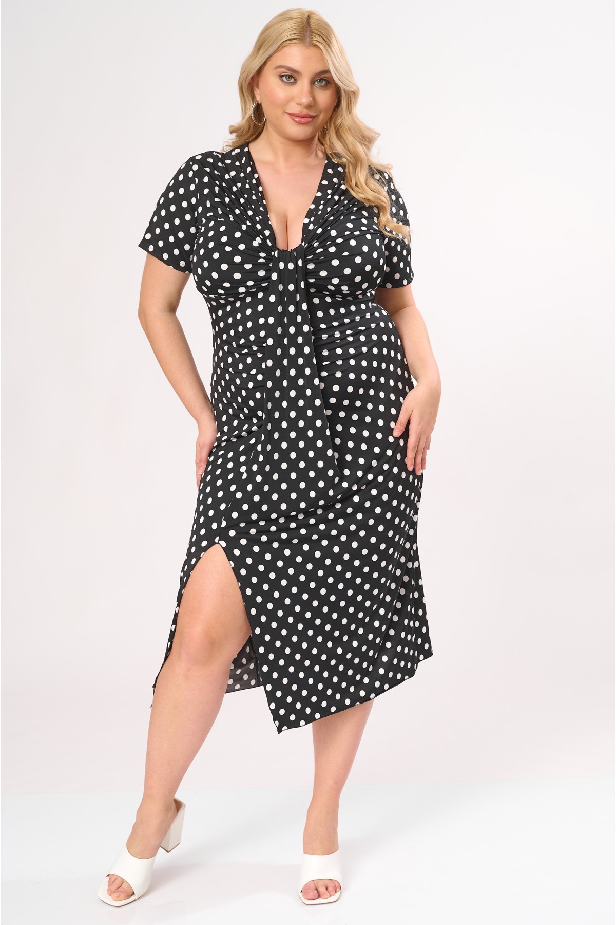 Dress midi neck tie design short sleeve Polka dot