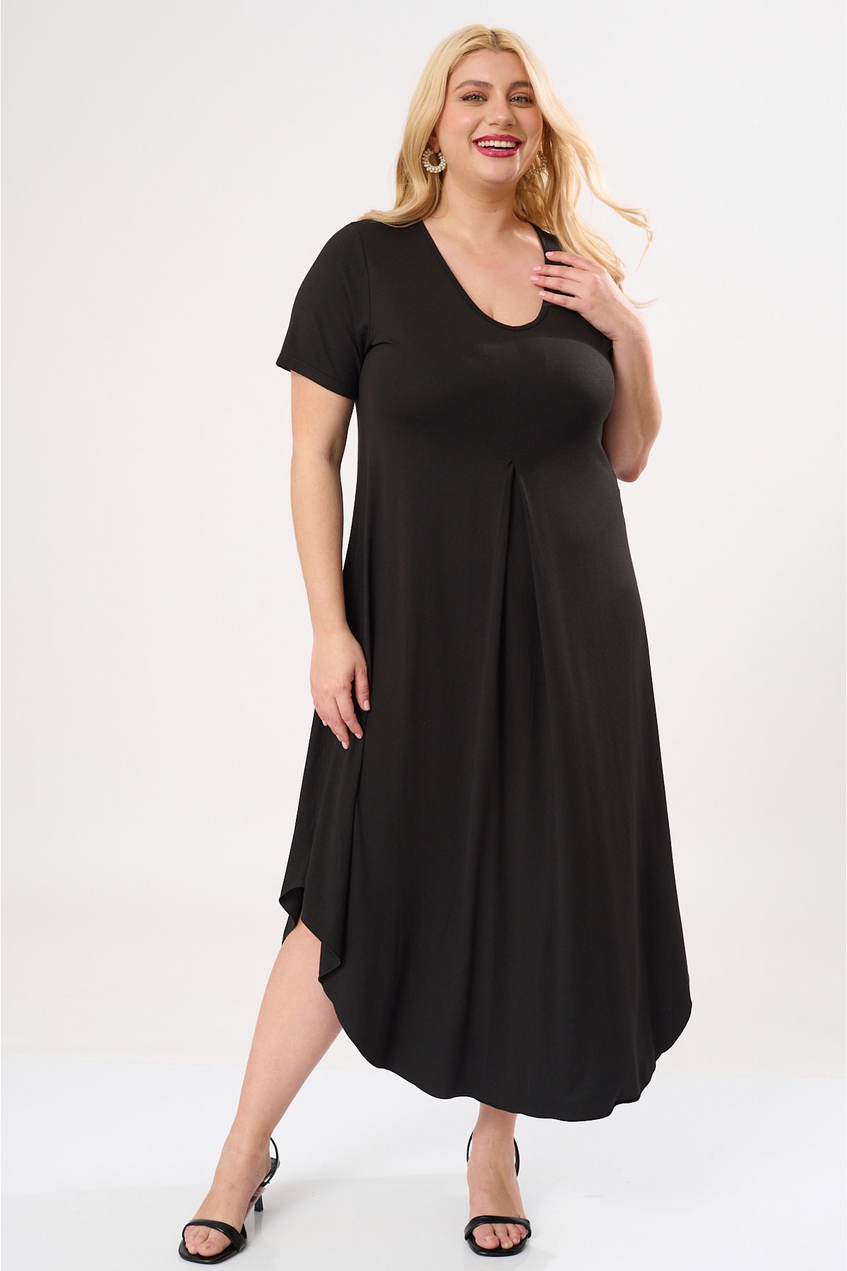 Φόρεμα με κουφόπιετα μπροστά viscose με κοντό μανίκι μαύρο