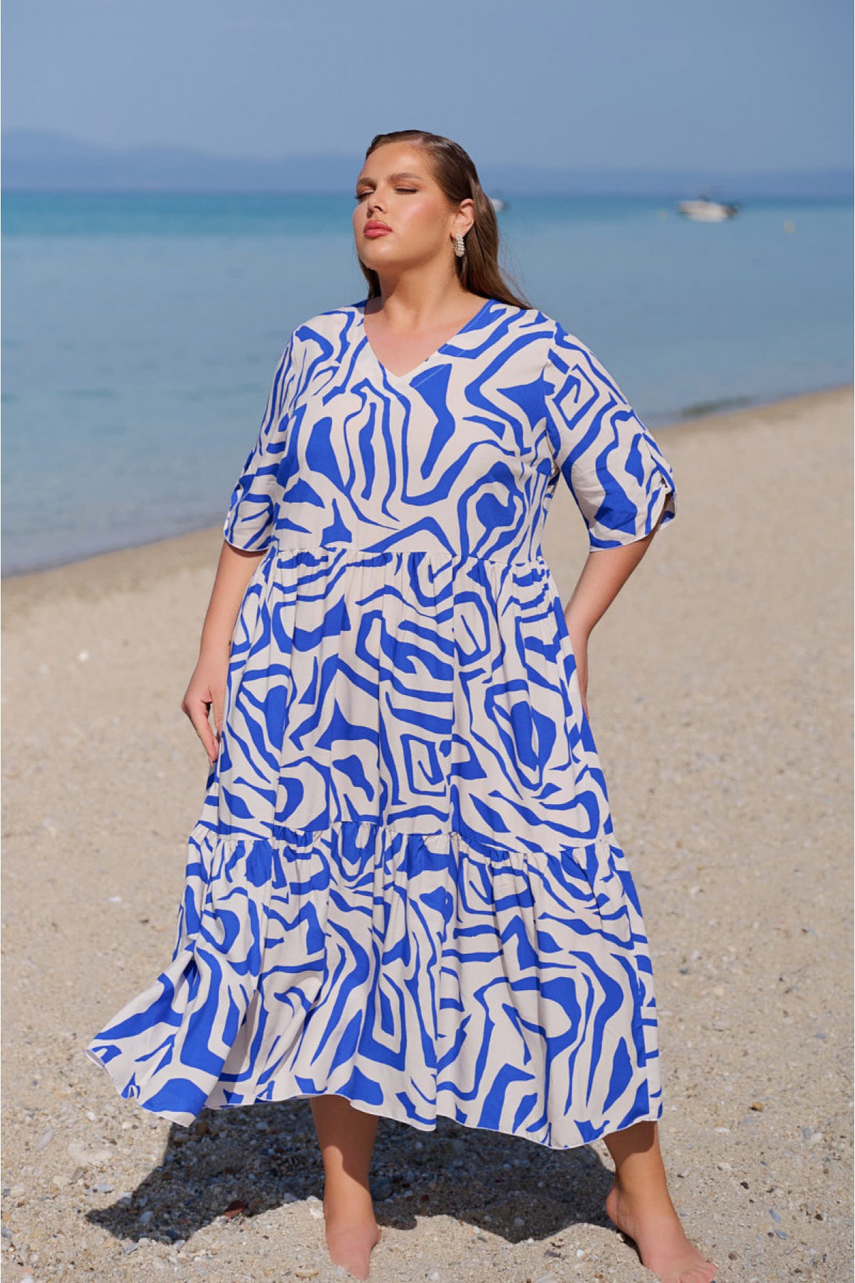  Φόρεμα V Rayon αέρινο εμπριμέ μπλε