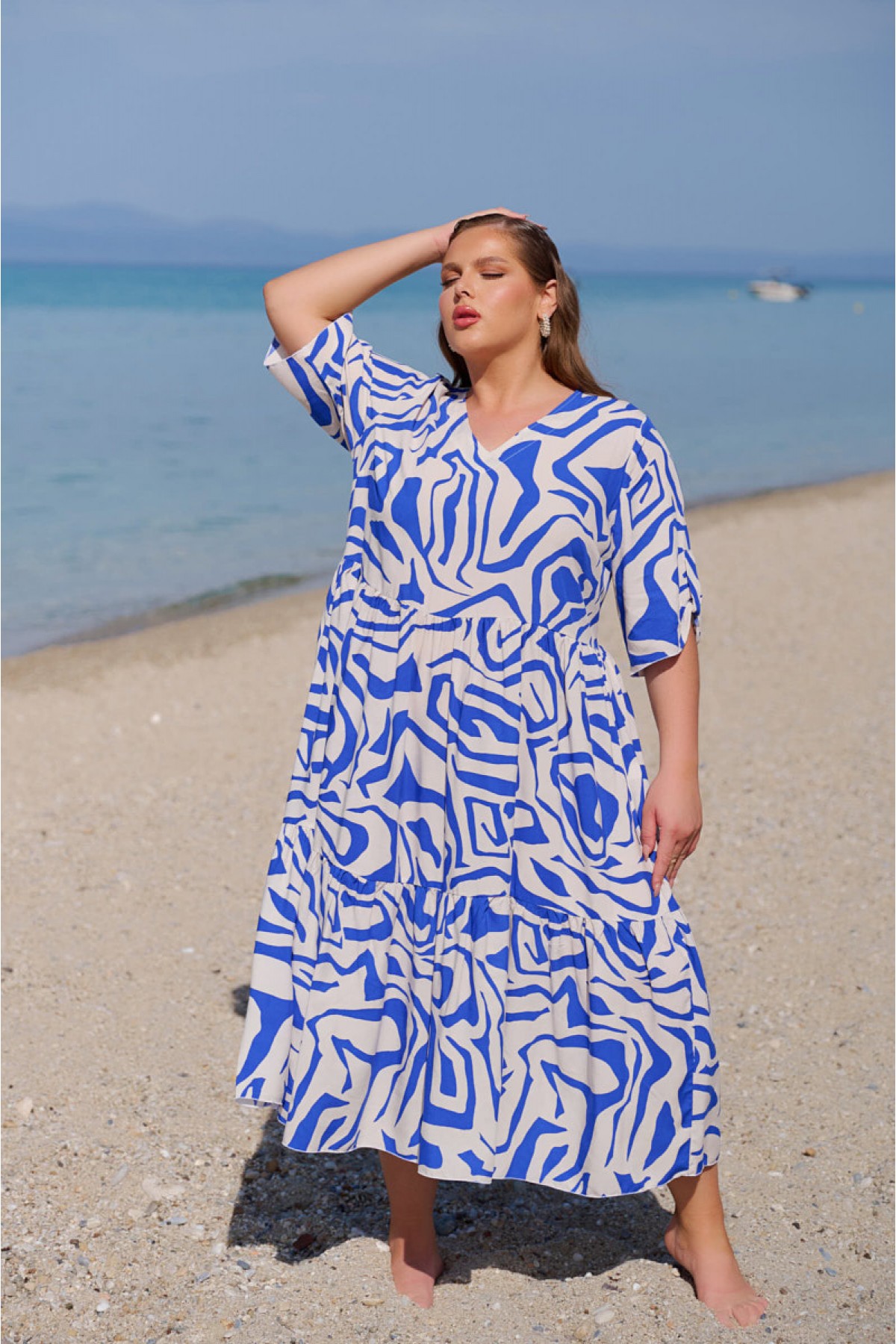  Φόρεμα V Rayon αέρινο εμπριμέ μπλε