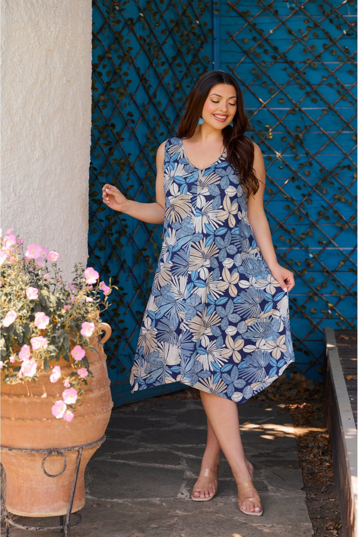 Kleid Midi Viskose ärmellos Zipfelsaum  Floral