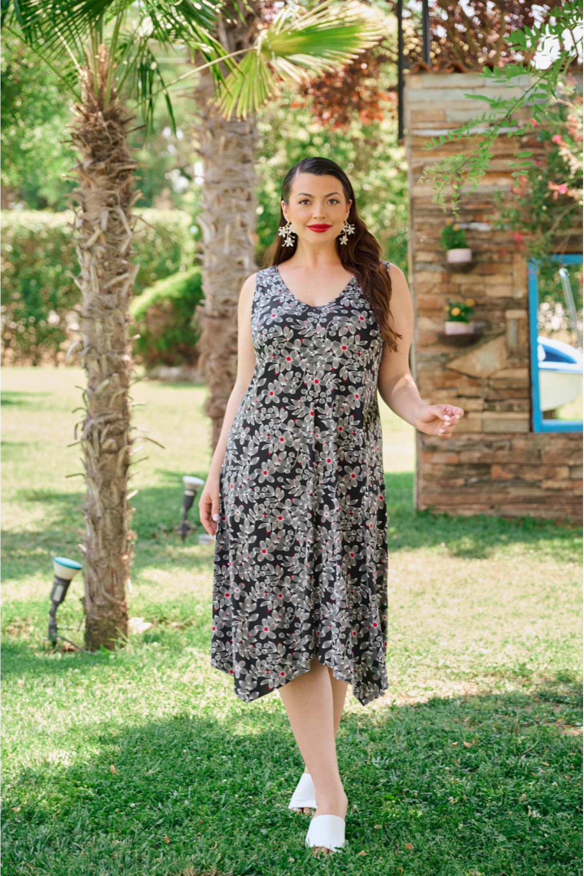 Kleid Midi Viskose ärmellos Zipfelsaum  Floral