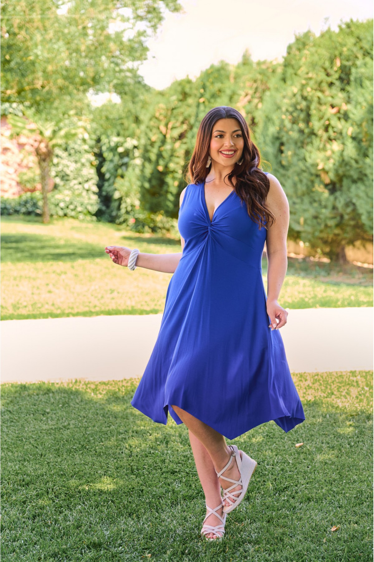 Dress  pointed Hem sleeveless knot Printed Blue