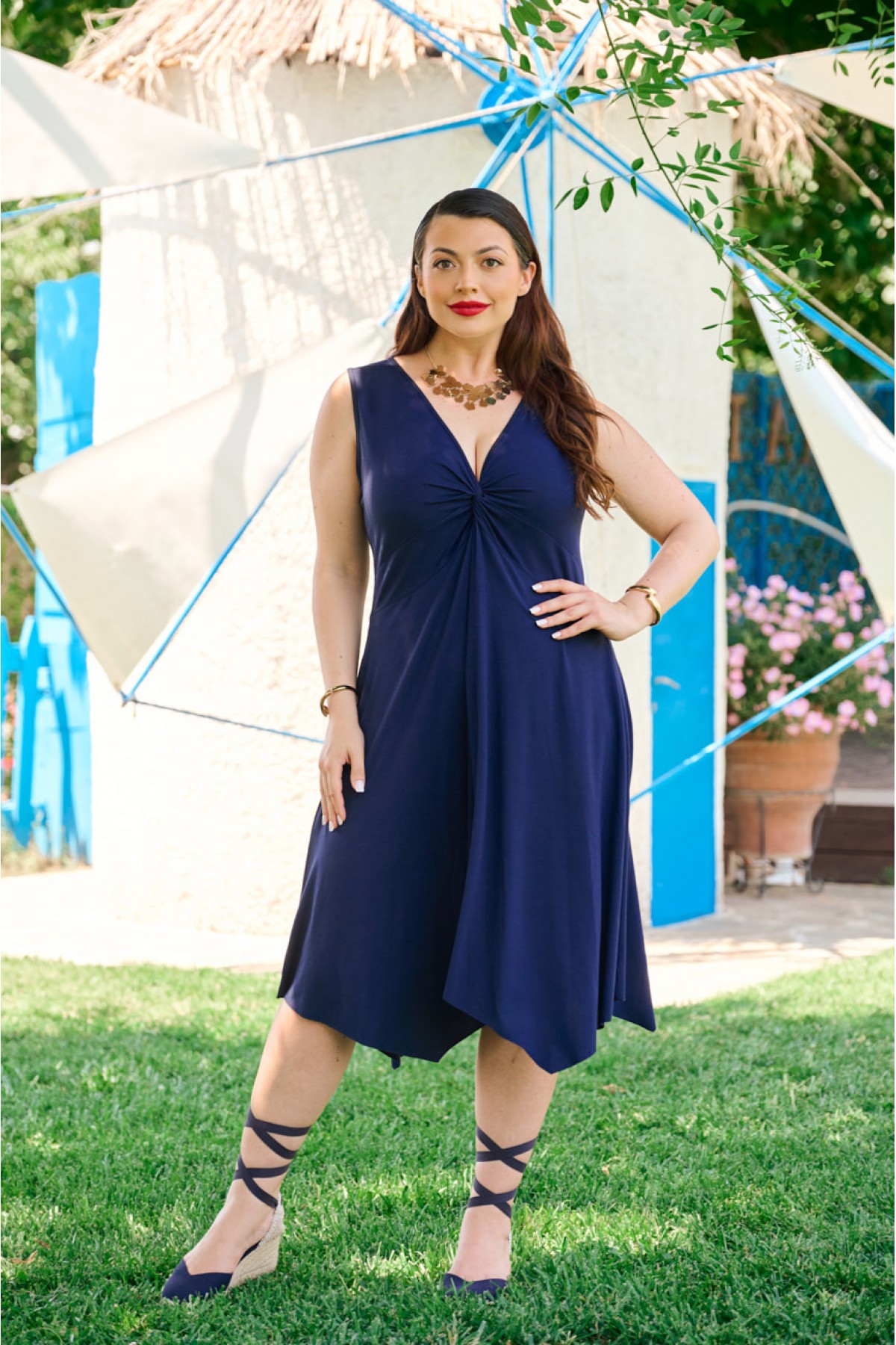 Dress  pointed Hem sleeveless knot Printed Blue