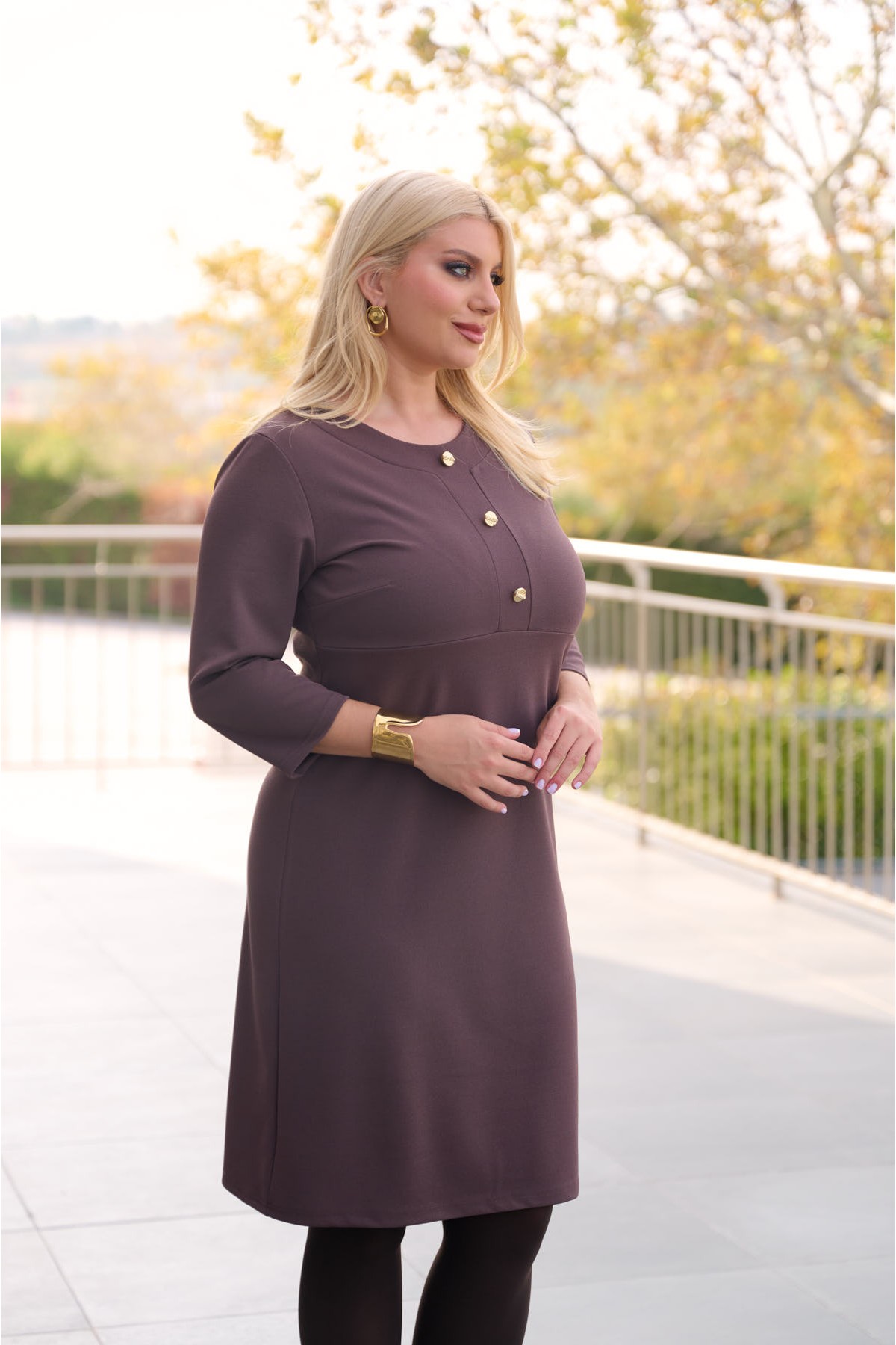 Φόρεμα τρία κουμπιά midi κρεπ  καφέ