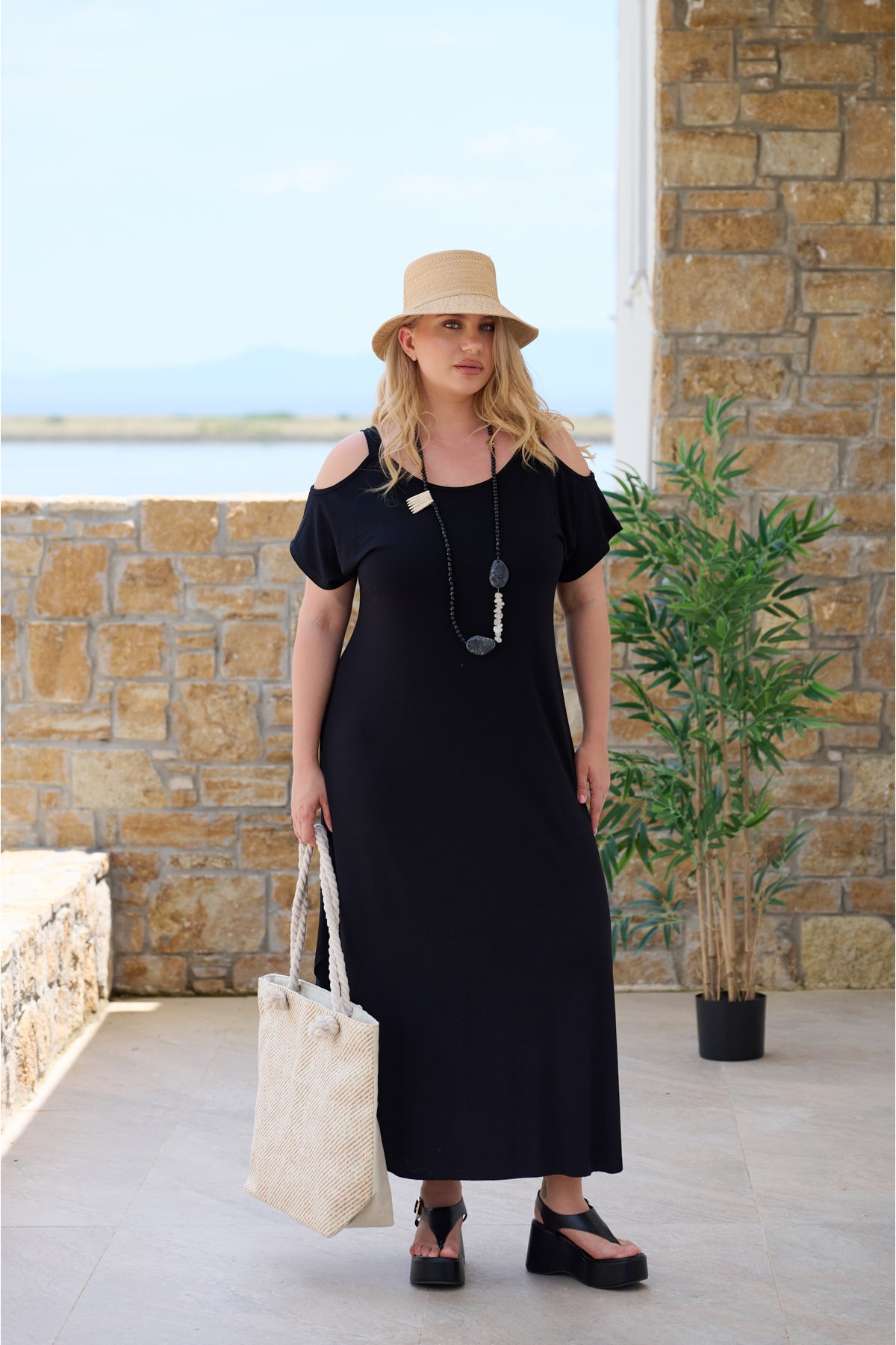 Φόρεμα νυχτερίδα έξω ώμοι τιράντα ελαστική viscose μαύρο