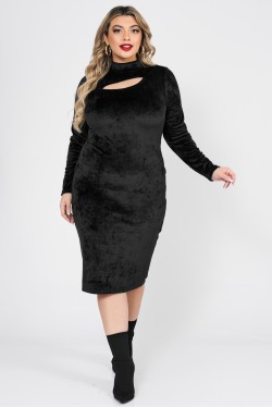 Φόρεμα ελαστικό βελούδο πένσιλ με σχίσιμο μαύρο