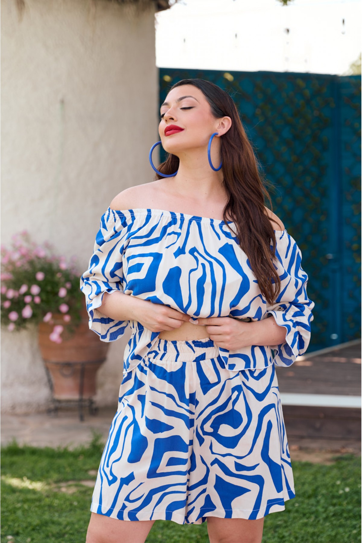 Σορτσάκι σταθερή viscose με λάστιχο  εμπριμέ μπλε