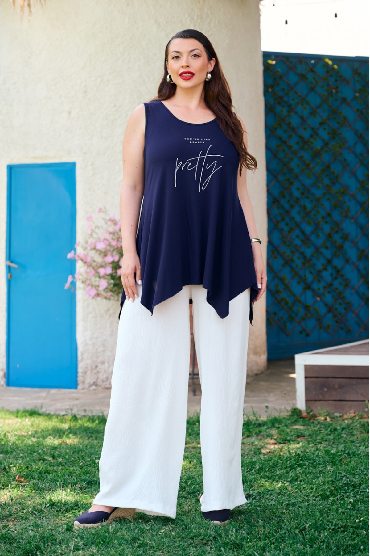 Mπλούζα αμάνικη με μύτες σε ελαστική viscose τύπωμα Pretty μπλε