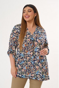Πουκαμίσα V viscose μπέζ λουλούδια