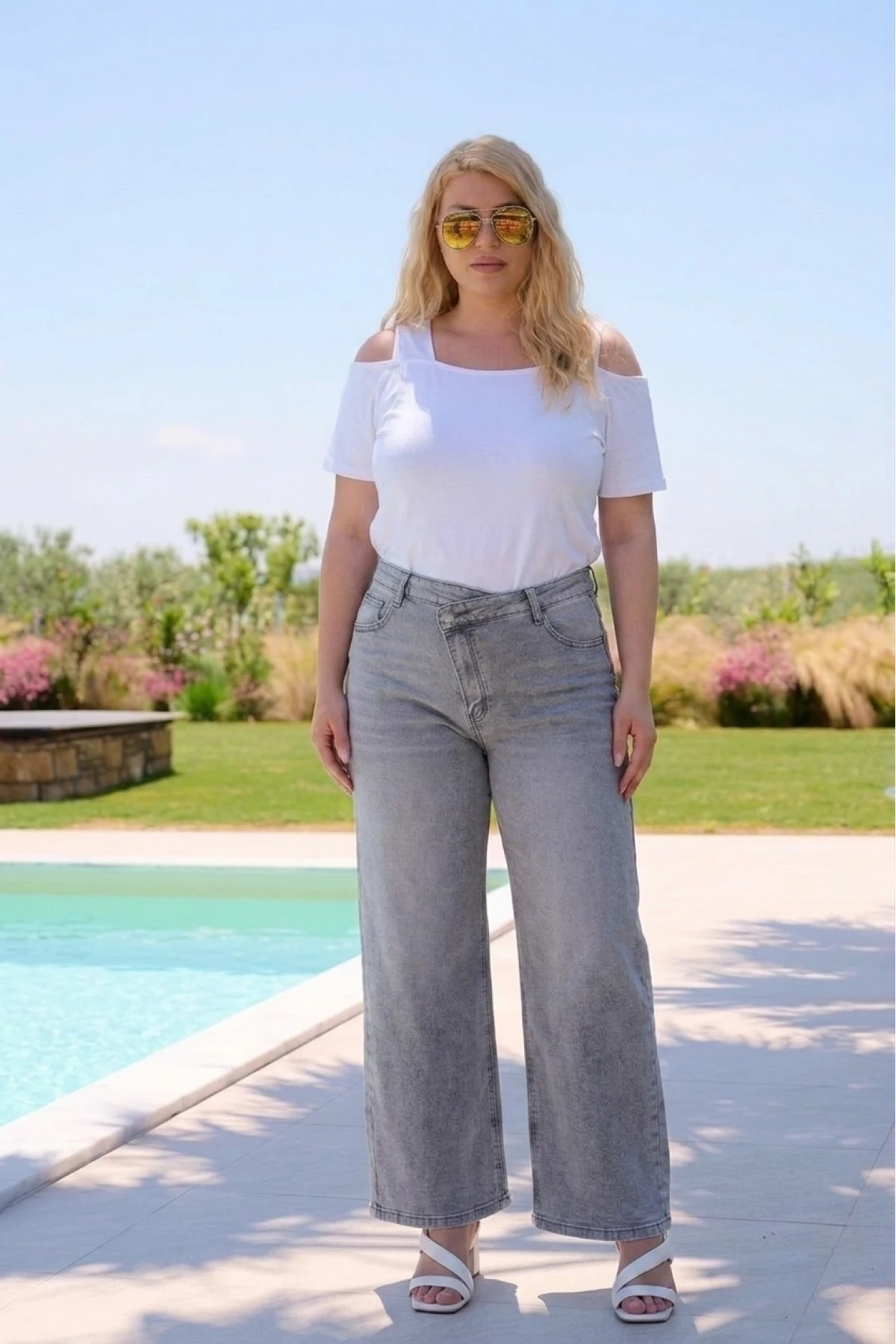 Jean παντελόνι wide leg με χιαστί κουμπί ελαστικό γκρί