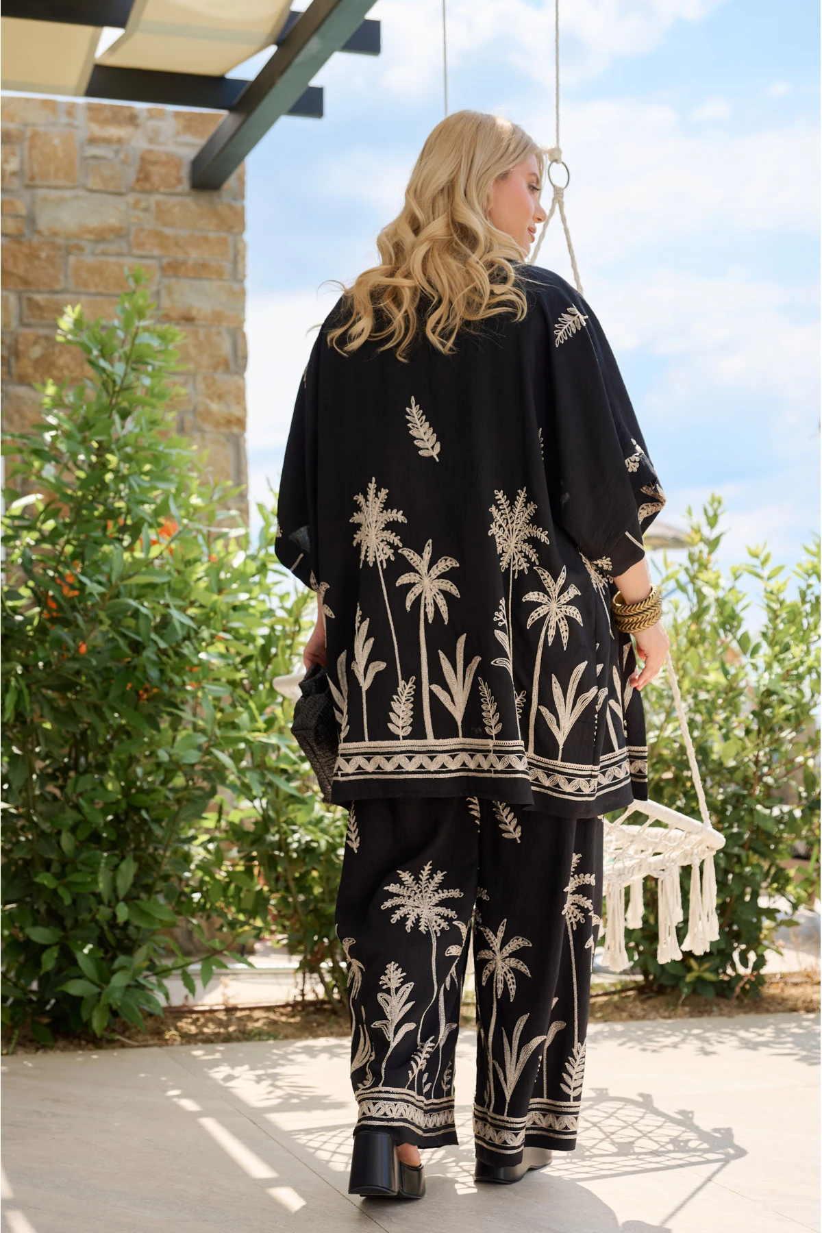 Σετ Resort rayon με χρυσό lurex κέντημα κιμονό και παντελόνα